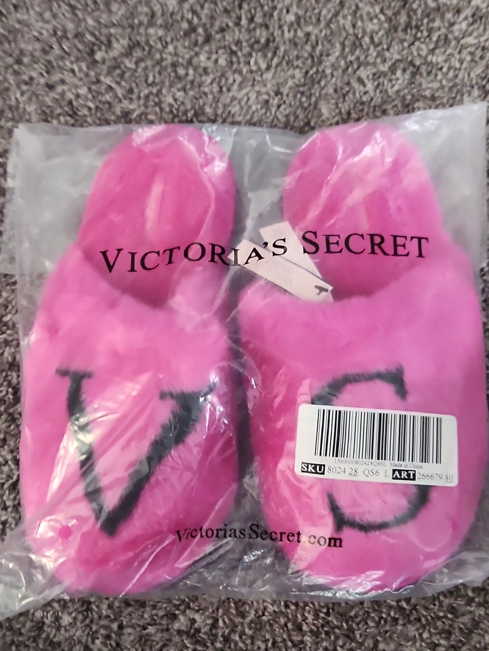 Victoria's Secret Hot Pink Fuzzy Slip-On Slippers with Black VS Logo